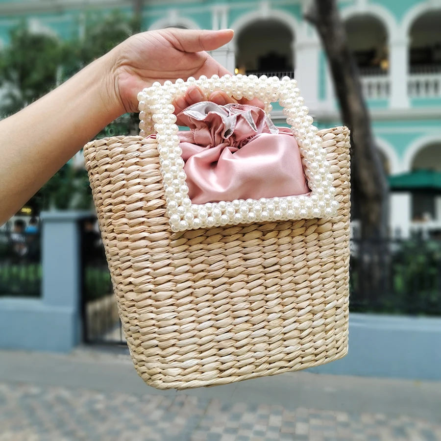 Bolsa de praia de pérola feminina, tecida à mão, frisada, palha, elegante, moda, alta qualidade, férias, verão, 2020