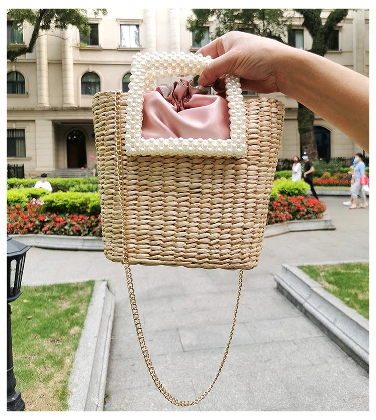 Bolsa de praia de pérola feminina, tecida à mão, frisada, palha, elegante, moda, alta qualidade, férias, verão, 2020