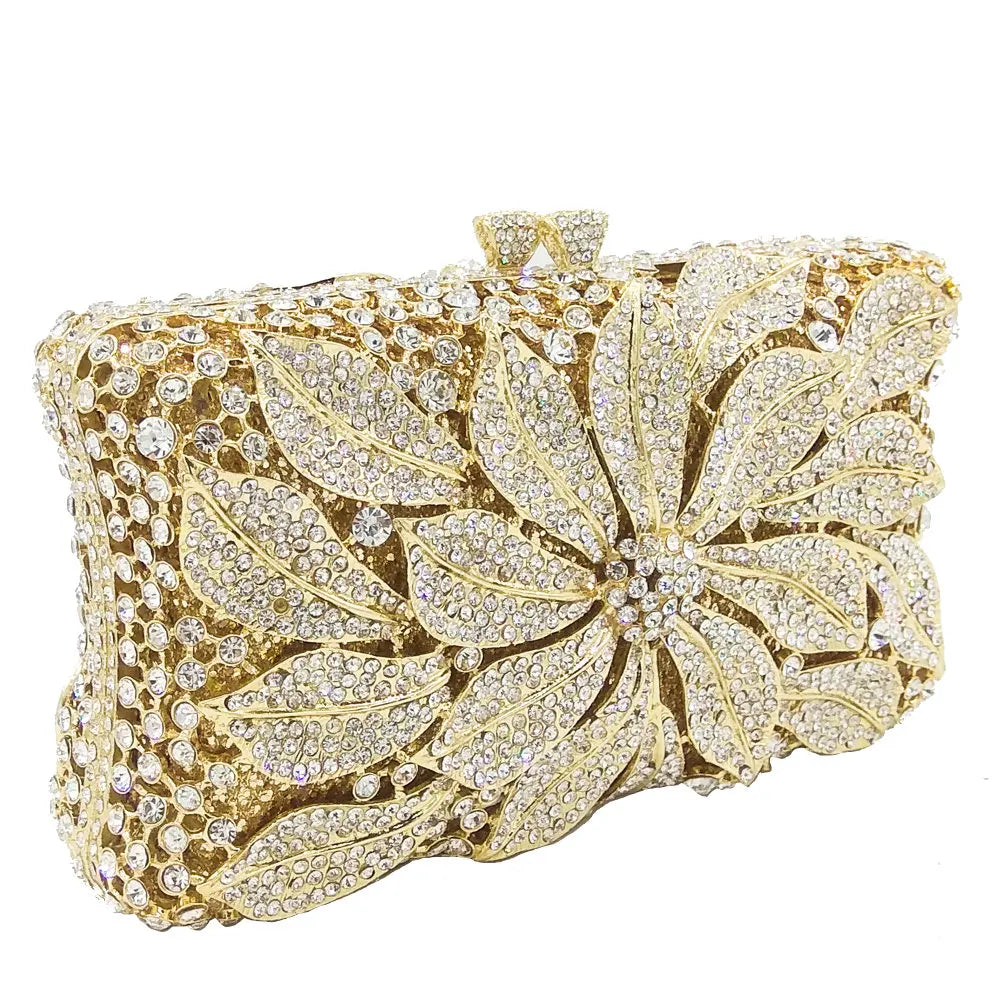 Bolsa clutch de cristal feminina, bolsa minaudiere elegante de metal com capa rígida, bolsa de mão para casamento ou para flores