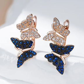 Kinel-Azul Natural Zircão Dois Brincos Borboletas para Mulheres, Ouro Rosa e Preto, Chapeamento de Animais, Jóias Punk Diário, Quente, 585