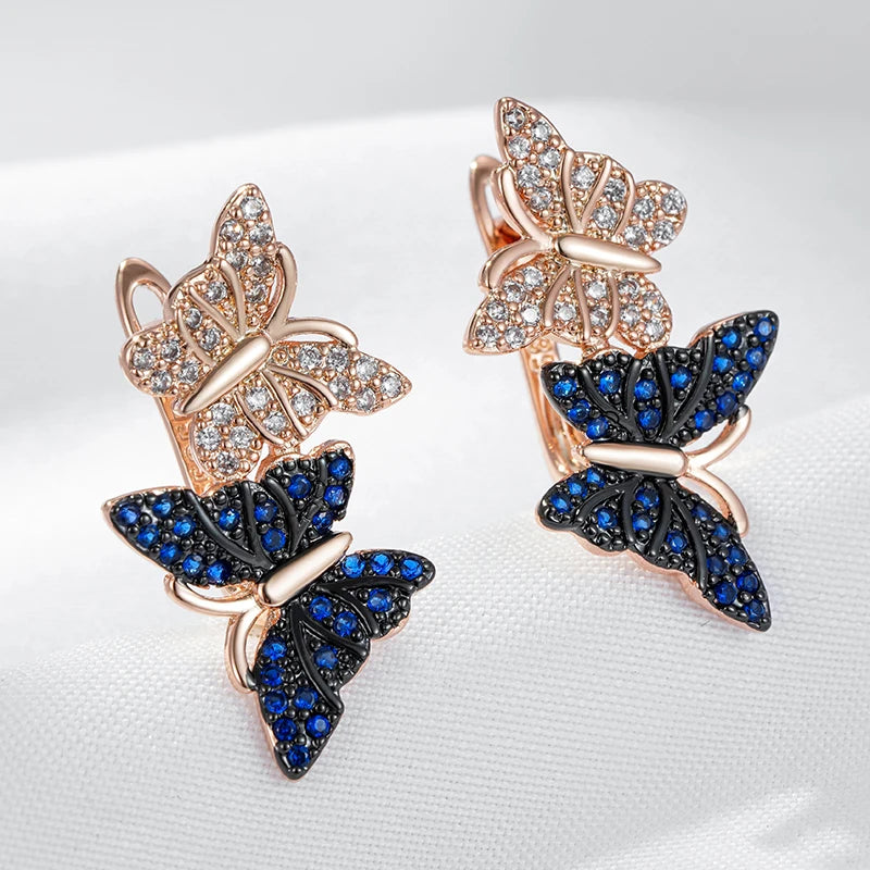 Kinel-Azul Natural Zircão Dois Brincos Borboletas para Mulheres, Ouro Rosa e Preto, Chapeamento de Animais, Jóias Punk Diário, Quente, 585