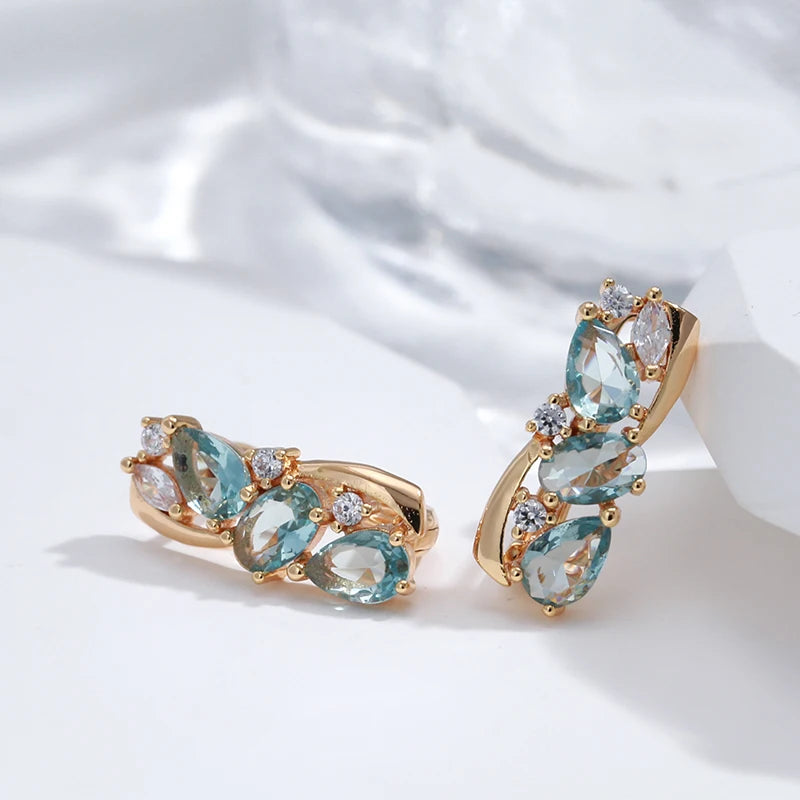 Brincos Blue Zircon Estilo Étnico Ouro 18K