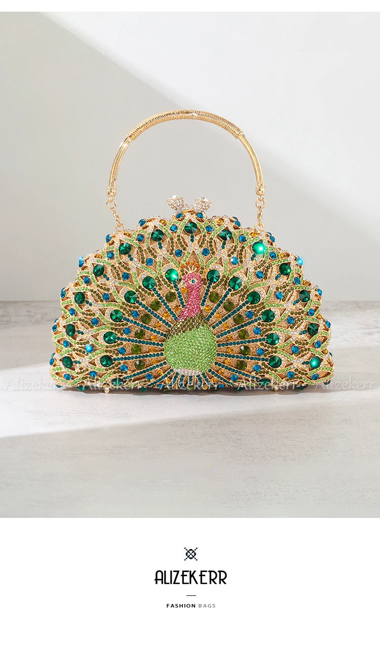 Alizekerr-Sacos De Noite De Cristal De Pavão Para Mulheres, Bolsas Lindas, Bolsas De Diamante Meia Redonda Classy, Festa De Casamento, Espumante, 2024