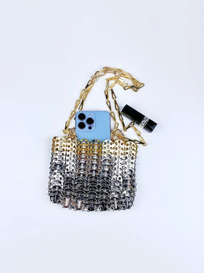 Metal Cadeia Sequin Bag, Nicho Design, alumínio Handmade Bag, ouro e cor prata, na moda Underarm Bag