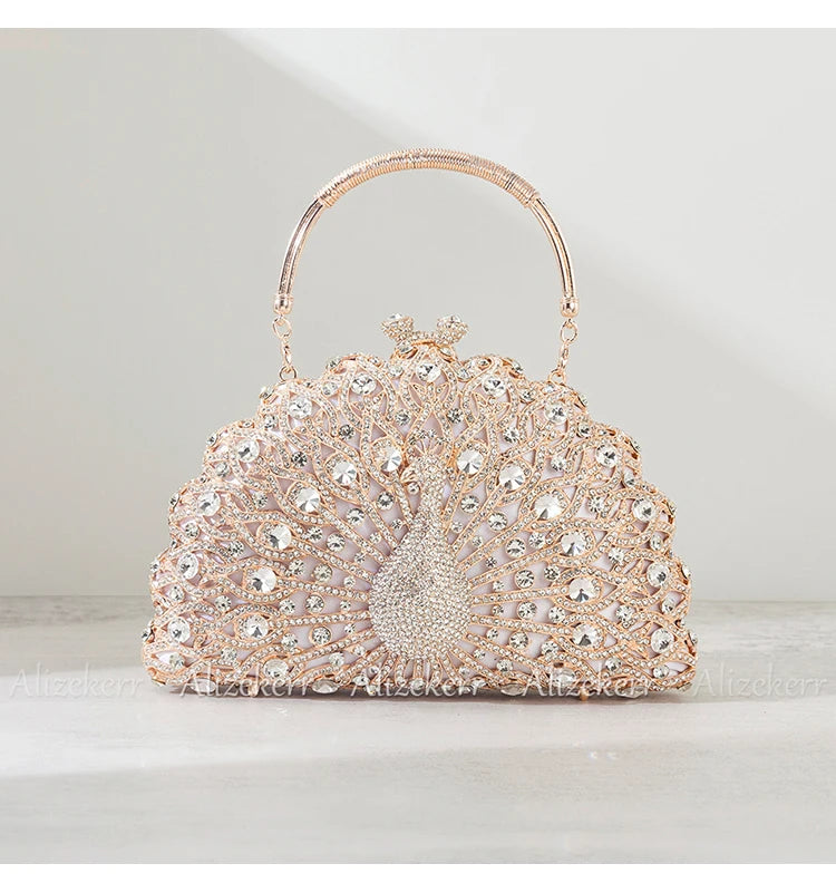 Alizekerr-Sacos De Noite De Cristal De Pavão Para Mulheres, Bolsas Lindas, Bolsas De Diamante Meia Redonda Classy, Festa De Casamento, Espumante, 2024