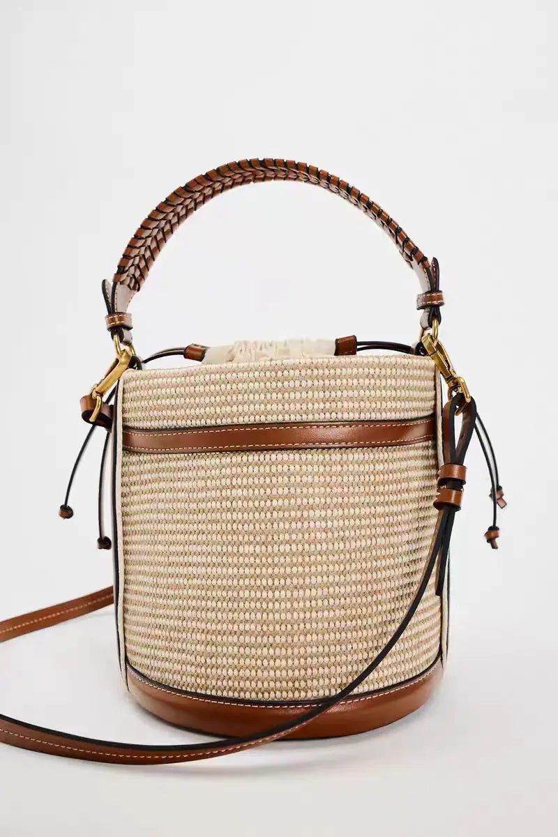 Bolsa de balde de palha para mulheres, bolsas de ombro tecer, bolsas crossbody casual verão praia bolsas pequenas, designer de moda