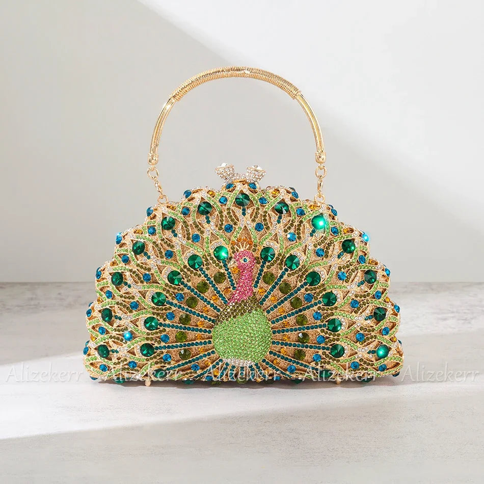 Alizekerr-Sacos De Noite De Cristal De Pavão Para Mulheres, Bolsas Lindas, Bolsas De Diamante Meia Redonda Classy, Festa De Casamento, Espumante, 2024