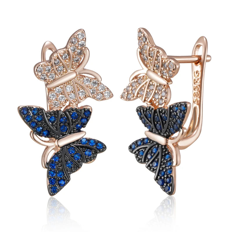 Kinel-Azul Natural Zircão Dois Brincos Borboletas para Mulheres, Ouro Rosa e Preto, Chapeamento de Animais, Jóias Punk Diário, Quente, 585