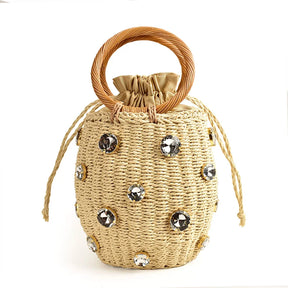 Strass cristal embelezado saco de palha para mulheres, sacos de balde para senhora, bolsas de viagem, bolsas artesanais, novo, 2023