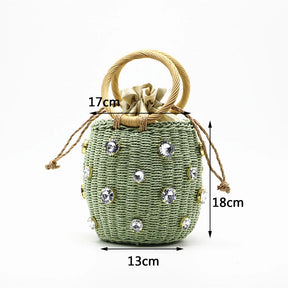 Strass cristal embelezado saco de palha para mulheres, sacos de balde para senhora, bolsas de viagem, bolsas artesanais, novo, 2023