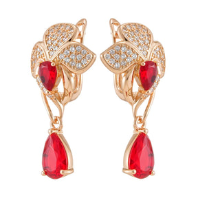 Wbmqda Luxo Retro Drop Shape Red Natural Zircon Dangle Brincos Para As Mulheres 585 Rose Gold Color Étnica Noiva Jóias de Casamento