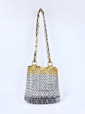 Metal Cadeia Sequin Bag, Nicho Design, alumínio Handmade Bag, ouro e cor prata, na moda Underarm Bag